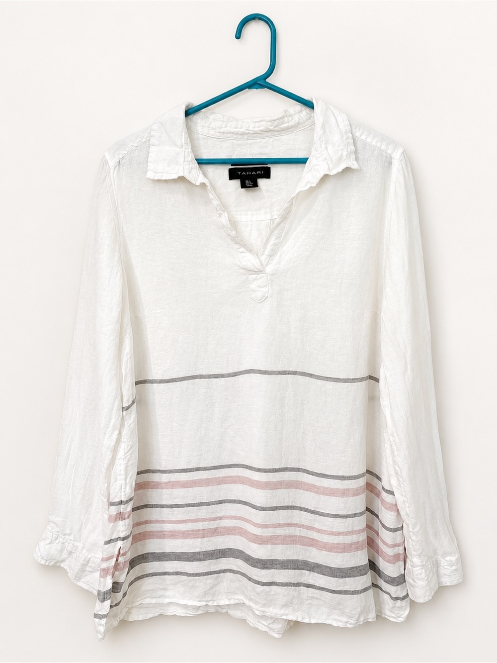 Tahari 100% Linen Striped Popover Blouse White Long Sleeve Size Large